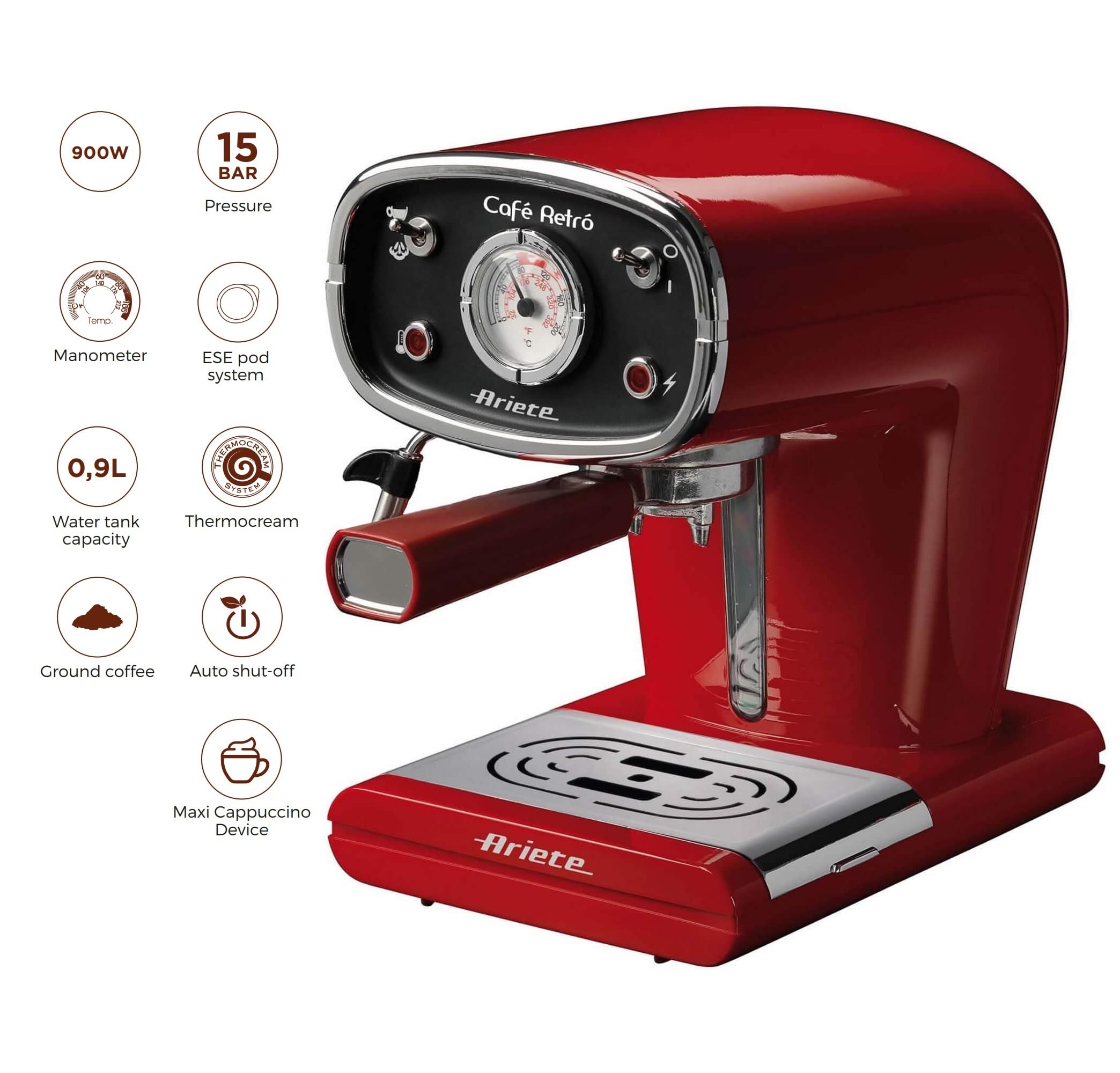 Ariete Vintage Pump Expresso Coffee Machine with Steamer, Maxi Cappuccino Maker, Ground Coffee اريتي ماكينة تحضير القهوة بامب اكسبريسو بلون احمر Ariete Vintage Pump Expresso Coffee Machine with Steamer, Maxi Cappuccino Maker, Ground Coffee اريتي ماكينة تحضير القهوة بامب اكسبريسو بلون احمر